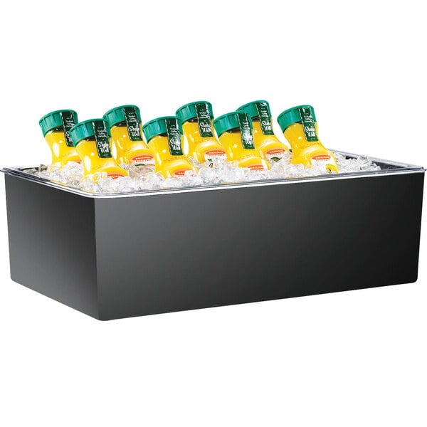 A black Cal-Mil ice housing container with yellow liquid bottles on ice.