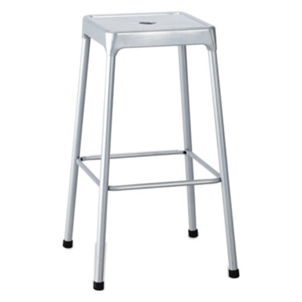 A silver steel bar height stool with a black seat and legs.