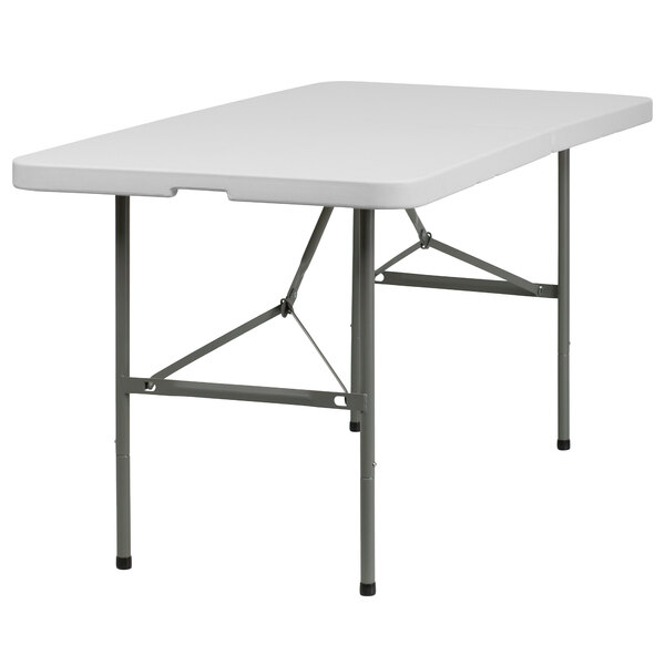 A Flash Furniture rectangular white plastic folding table with metal legs.