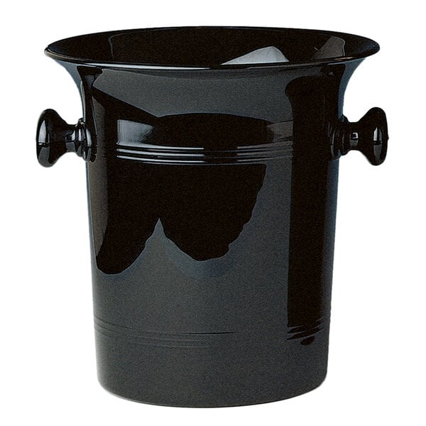 A black Franmara acrylic wine cooler bucket with handles.