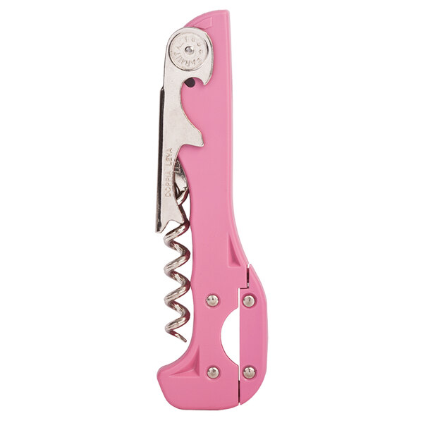 A Franmara Boomerang Two-Step Waiter's Corkscrew with a pink and metal handle.