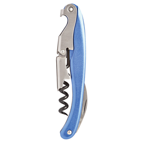 A Franmara Lisse corkscrew with a blue and silver metallic aluminum handle.
