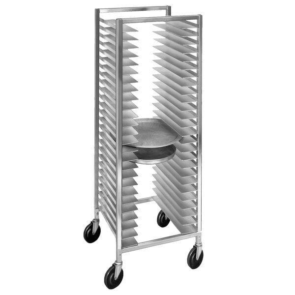 A Channel mobile metal rack with 26 slots for pizza pans on wheels.