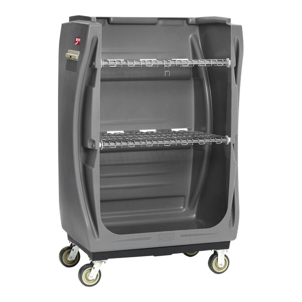 A grey plastic MetroTrux laundry cart with swivel casters.