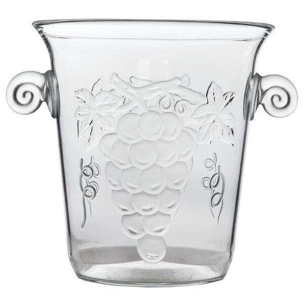 A clear glass Franmara wine bottle cooler with a grape design.
