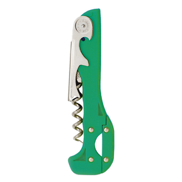 A Franmara Boomerang two-step waiter's corkscrew with a green and silver handle with a screw on the end.
