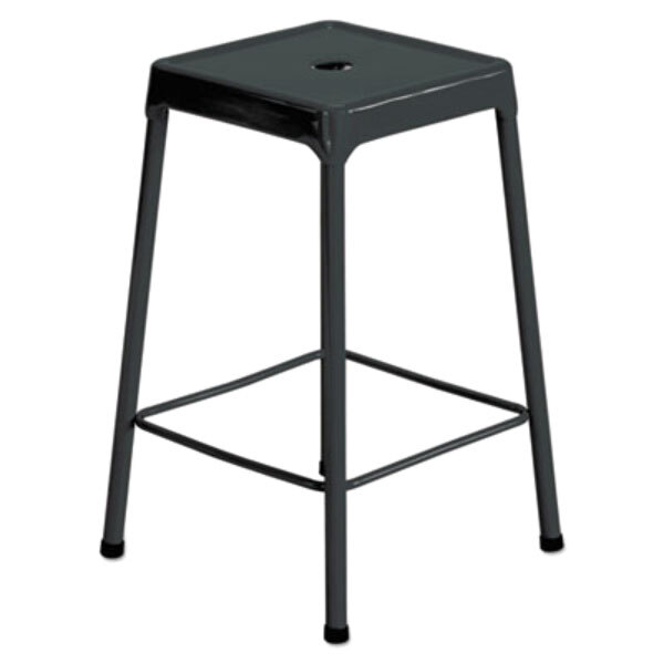 A black Safco steel counter height stool with legs and a seat.