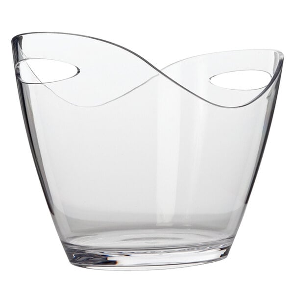 A clear acrylic oval wine bucket with a handle.