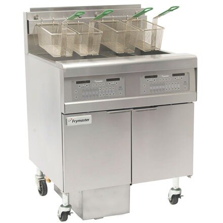A Frymaster natural gas floor fryer with a full left frypot and a split right frypot with metal baskets.
