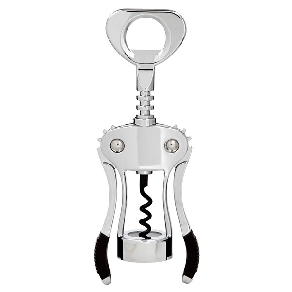 A Franmara Primo wing corkscrew with a chrome-plated body and black handles.