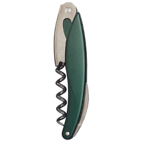 A Franmara Ketos waiter's corkscrew with green and silver aluminum handle and pocket knife.