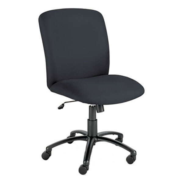 A Safco black office chair with black padded seat and arms and wheels.