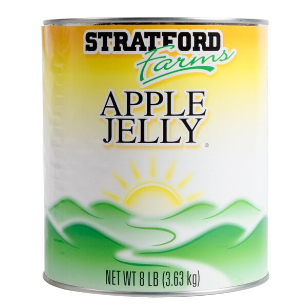 A #10 can of Stratford Farms apple jelly with a label.