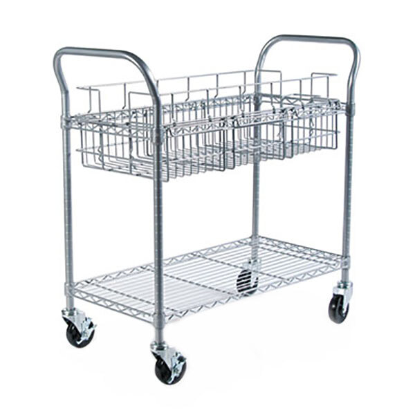 A metallic gray Safco wire mail cart with two shelves and wheels.