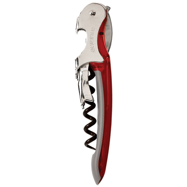 A Franmara Murano waiter's corkscrew with a red and silver handle.