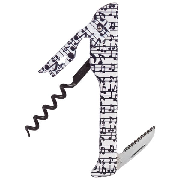 A Franmara Hugger Designer Collection waiter's corkscrew with a black and white musical note decal.