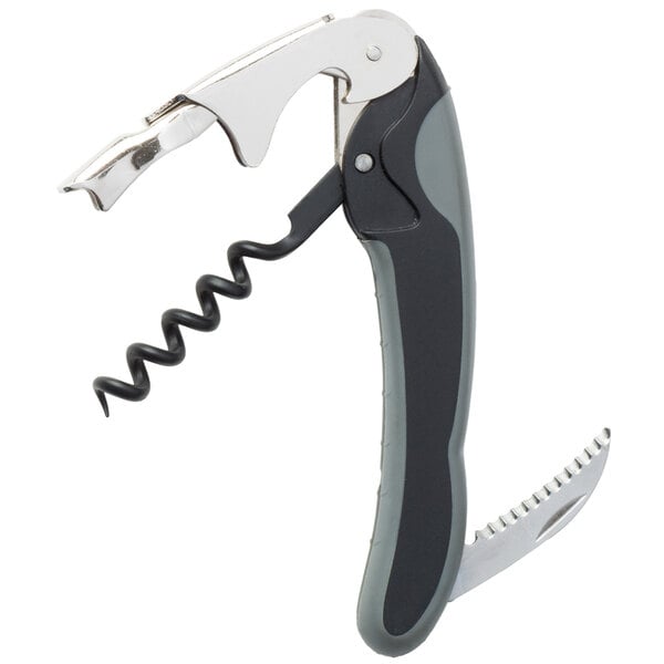 A Franmara Binary Two-Lever Waiter's Corkscrew with a black and grey handle.