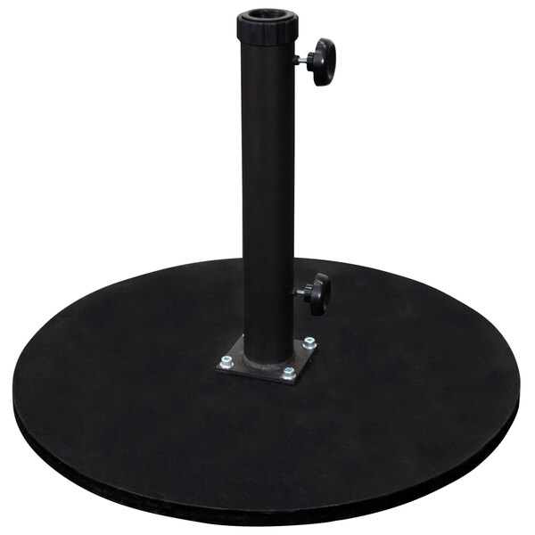 A black metal California Umbrella base pole on a round surface.