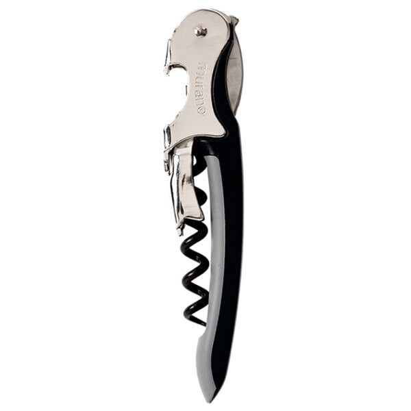 A Franmara Murano waiter's corkscrew with a black and silver handle and blade.