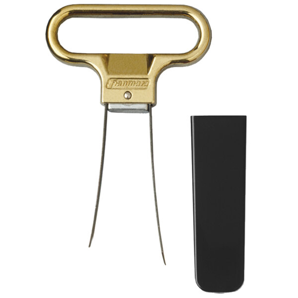 A brass-plated Franmara two-prong cork extractor with a black sheath.