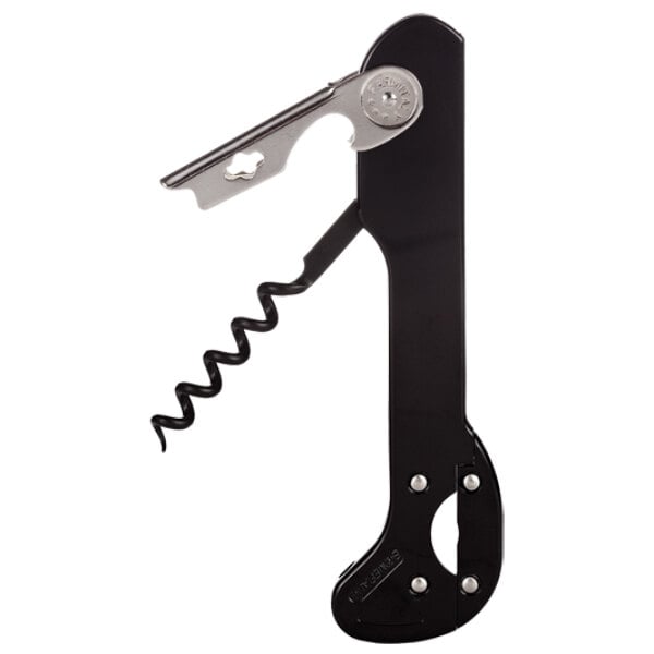 A black metal Franmara Boomerang Waiter's Corkscrew with a non-stick spiral.