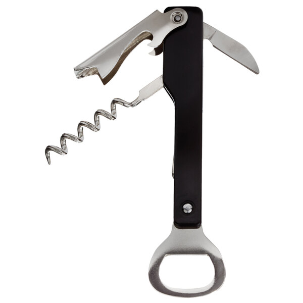 A close-up of a Franmara Wine Steward's Corkscrew with a black and silver multi-tool.