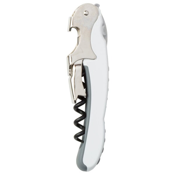A Franmara Double Power Waiter's Corkscrew with a white handle and silver metal.