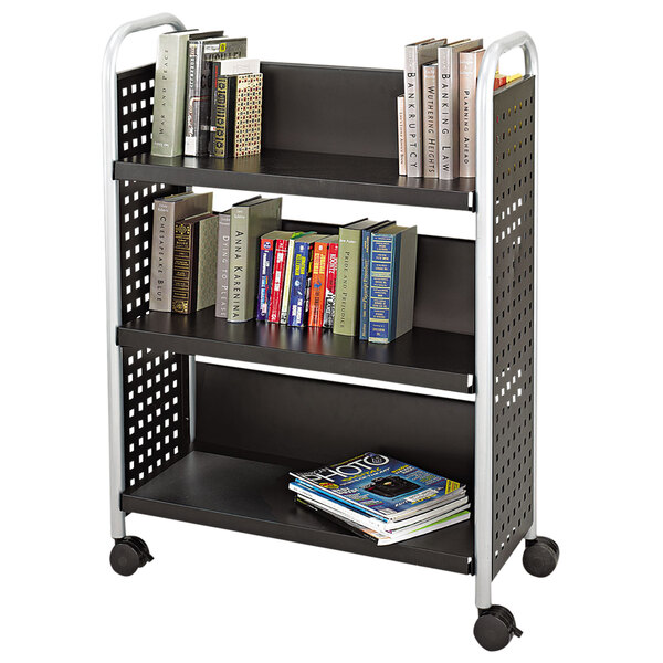 A black metal Safco book cart with books on it.