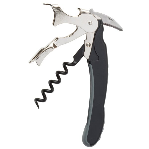 A Franmara Double Power Waiter's Corkscrew with a black and silver corkscrew and soft-touch black handle.