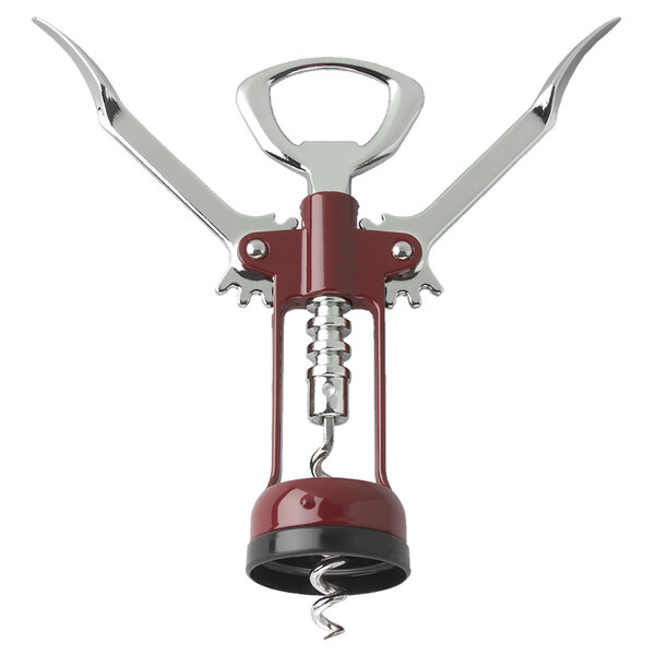 A Franmara chrome and red cork corkscrew with two wing handles.