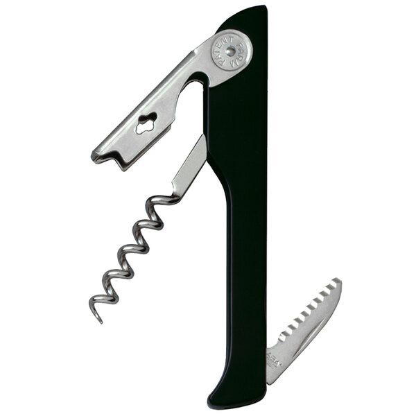 A Franmara Hugger Waiter's Corkscrew with a black and silver handle and screw.