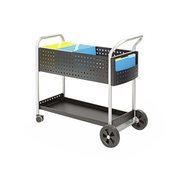 A Safco black mail cart with a file holder.