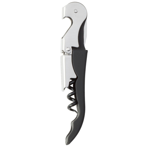 A Franmara waiter's corkscrew with a black rubberized handle and silver metal.