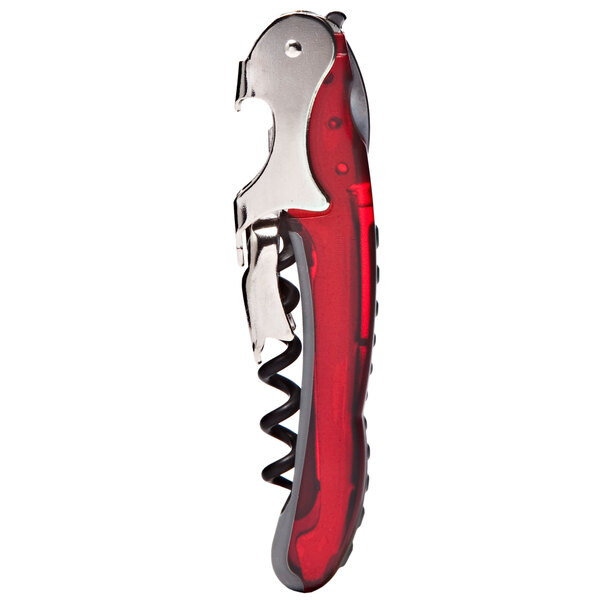 A Franmara red and silver double power waiter's corkscrew with translucent red handle.