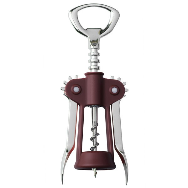 A Franmara Vantage wing corkscrew with a red and metal handle.