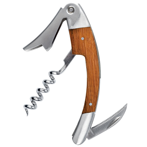 A Franmara stainless steel waiter's corkscrew with a bamboo inset handle.