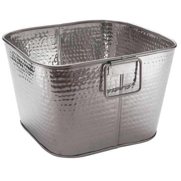 An American Metalcraft hammered stainless steel square beverage tub with a handle.