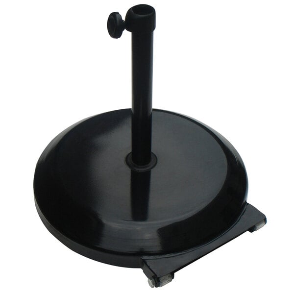 A black round metal umbrella base for a table.