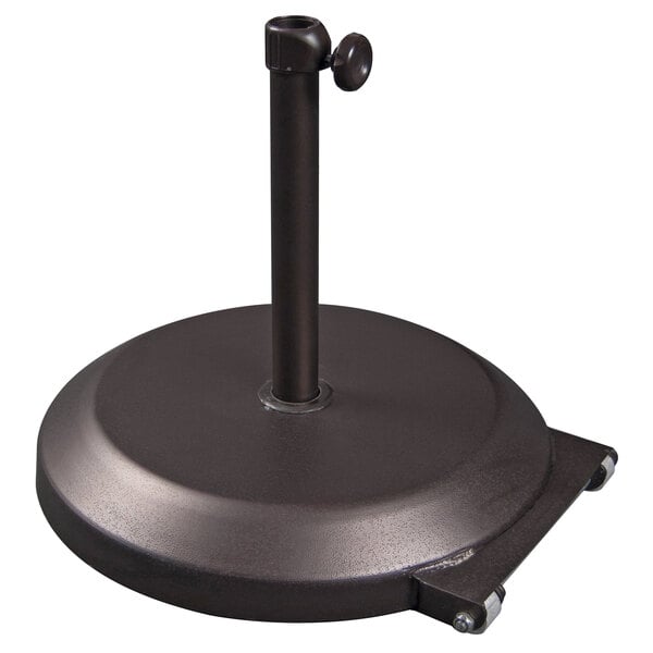 A bronze umbrella base with a round base and pole.