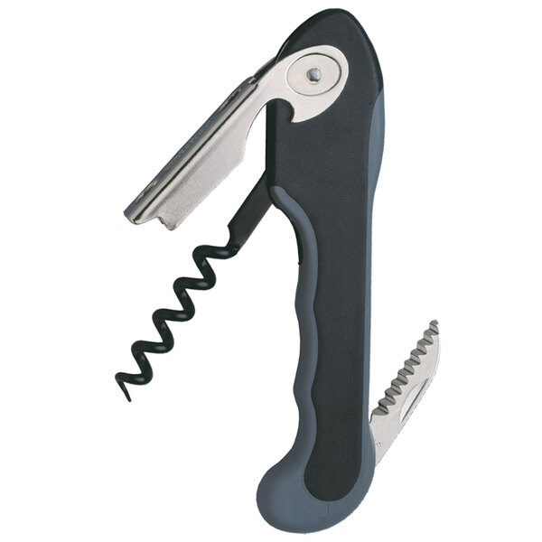 A black multi tool with a corkscrew, knife, and bottle opener.