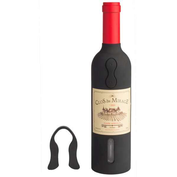 A bottle of wine with a Franmara rechargeable electric corkscrew in the cork.