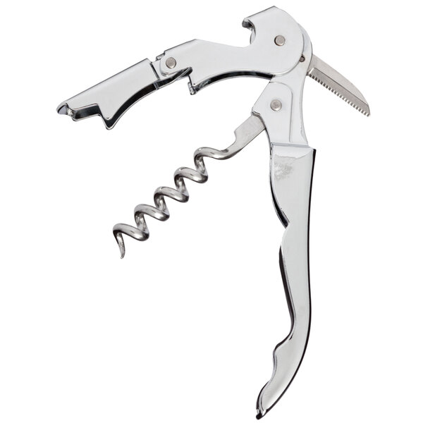 A Franmara Duo-Lever wine opener with a corkscrew and chrome plated stainless steel handle.
