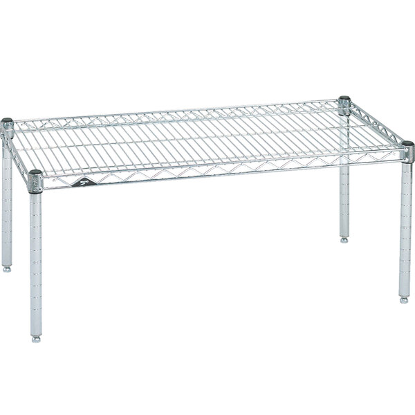 A close-up of a Metro Super Erecta chrome wire dunnage rack shelf with legs.