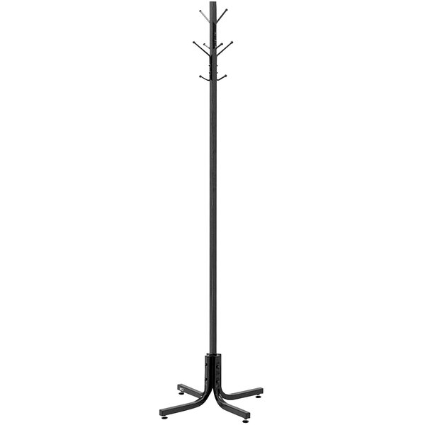 A black Safco metal coat rack with four ball-tipped double hooks.