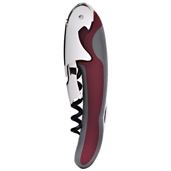 A Franmara Binary two-lever waiter's corkscrew with a red and silver handle.