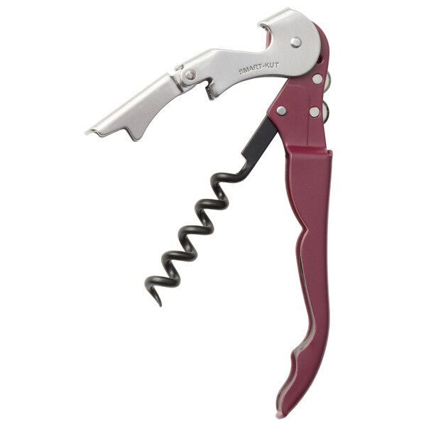 A Franmara Duo-Lever waiter's corkscrew with a burgundy enamel handle and Smart-Kut cutter.