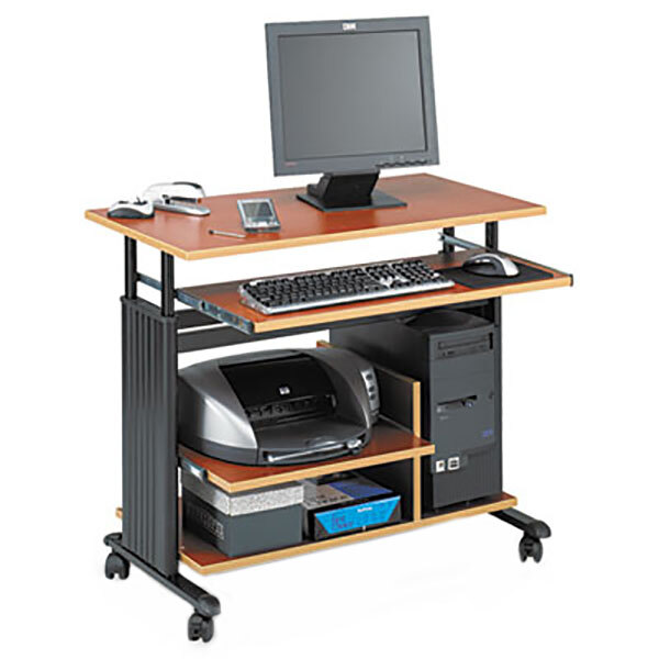 A Safco cherry and black adjustable height mini-tower workstation with a computer monitor and printer on it.