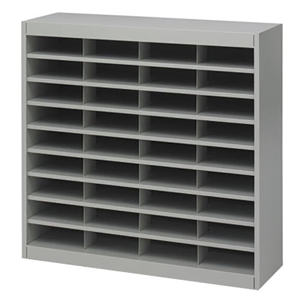 A grey metal Safco E-Z Stor file organizer with many compartments.