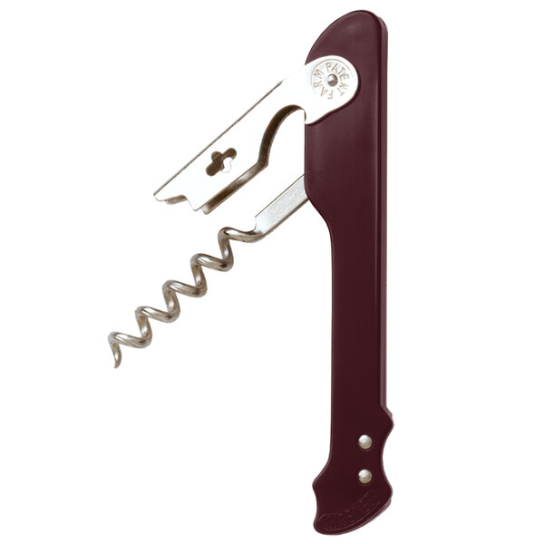 A Franmara Genesis waiter's corkscrew with a burgundy handle and a corkscrew.