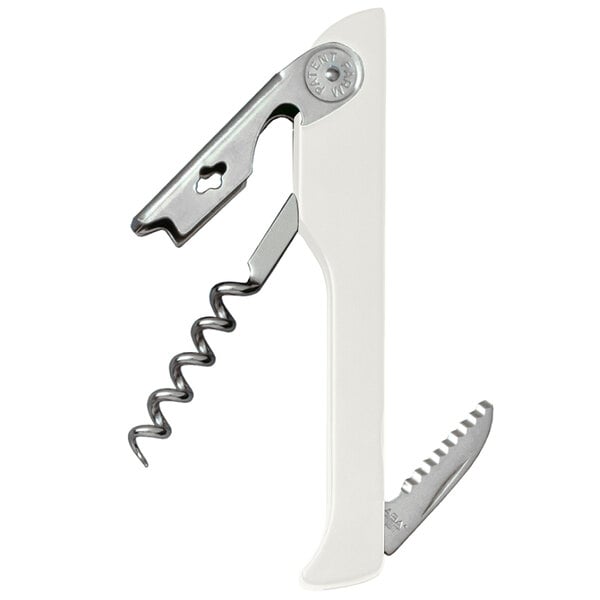 A white Franmara Hugger waiter's corkscrew with a screwdriver and bottle opener.
